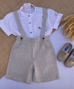 Conjunto Batizado Casamento Verão infantil menino com Bata Gola Padre manga curta e Jardineira bermuda Linho bege